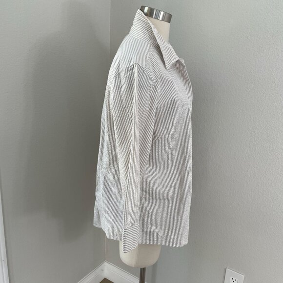 LL Bean Womens XL Seersucker Button Up Shirt Tan Striped 3/4 Sleeve Blouse - Picture 3 of 11